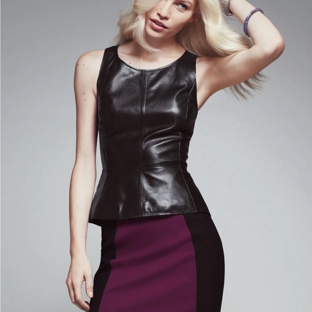 Halogen Black Leather Front Knit Back Peplum Blouse